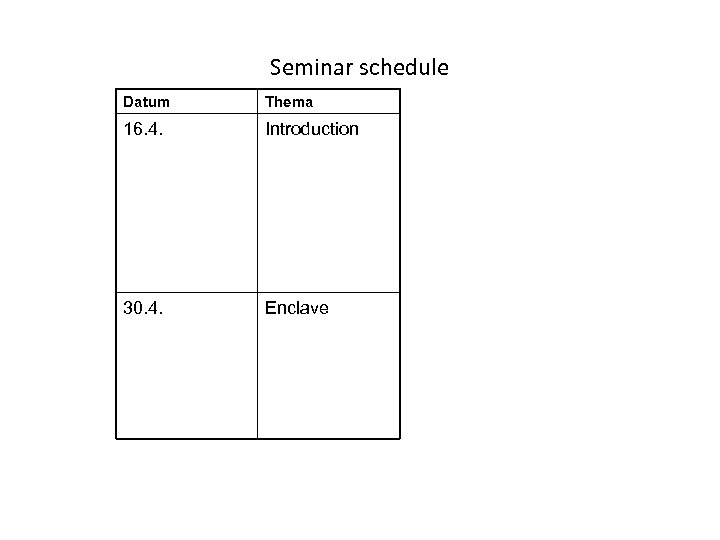 Seminar schedule Datum Thema 16. 4. Introduction 30. 4. Enclave 