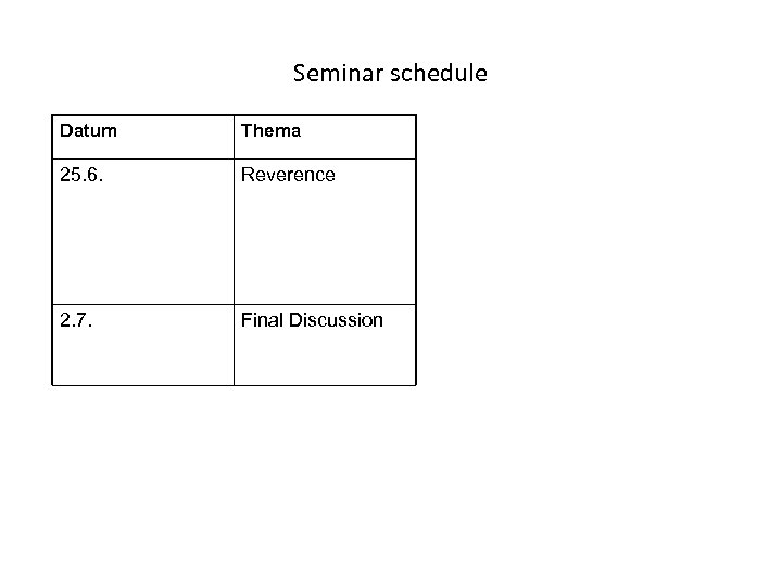 Seminar schedule Datum Thema 25. 6. Reverence 2. 7. Final Discussion 