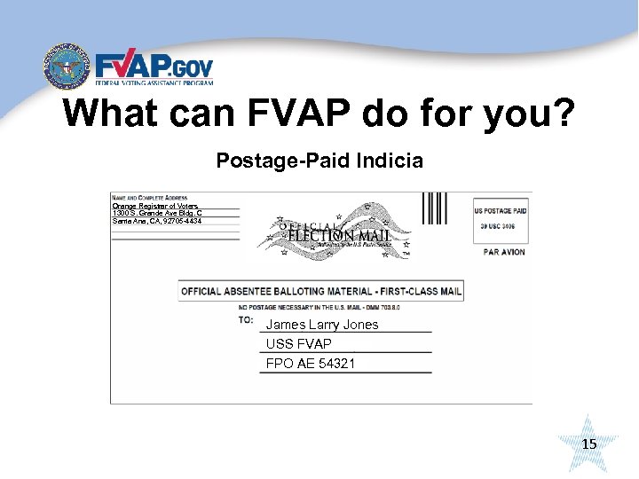 What can FVAP do for you? Postage-Paid Indicia Orange Registrar of Voters 1300 S.
