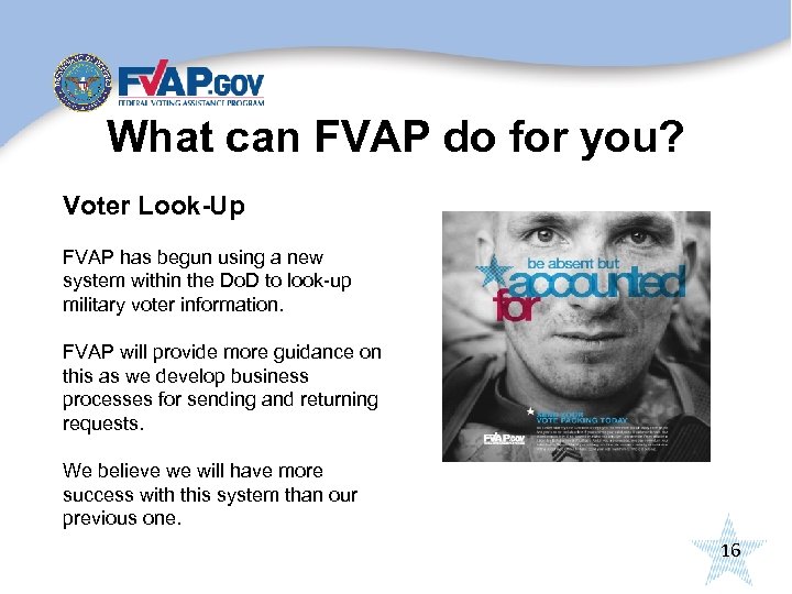 What can FVAP do for you? Voter Look-Up FVAP has begun using a new