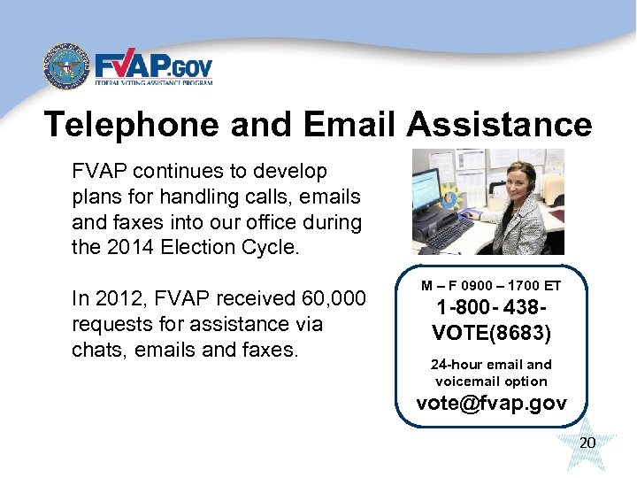 Telephone and Email Assistance FVAP continues to develop plans for handling calls, emails and