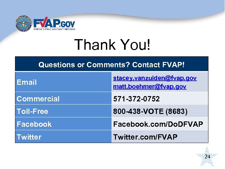 Thank You! Questions or Comments? Contact FVAP! Email stacey. vanzuiden@fvap. gov matt. boehmer@fvap. gov
