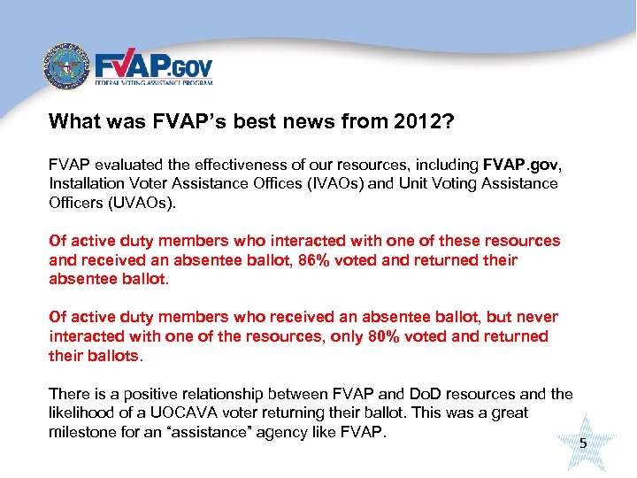 What was FVAP’s best news from 2012? FVAP evaluated the effectiveness of our resources,