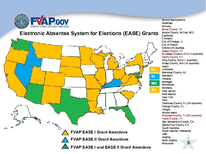 Grant Recipients: Electronic Absentee System for Elections (EASE) Grants NJ RI MD DC FVAP