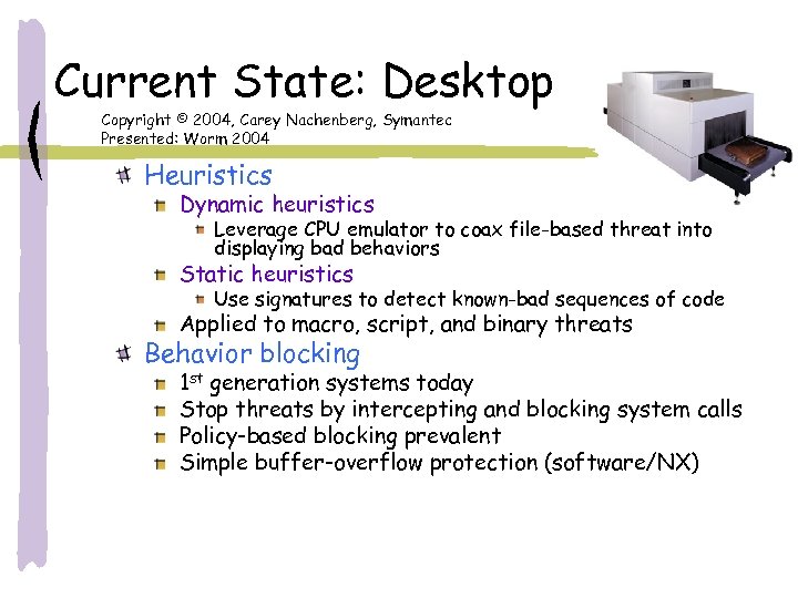 Current State: Desktop Copyright © 2004, Carey Nachenberg, Symantec Presented: Worm 2004 Heuristics Dynamic