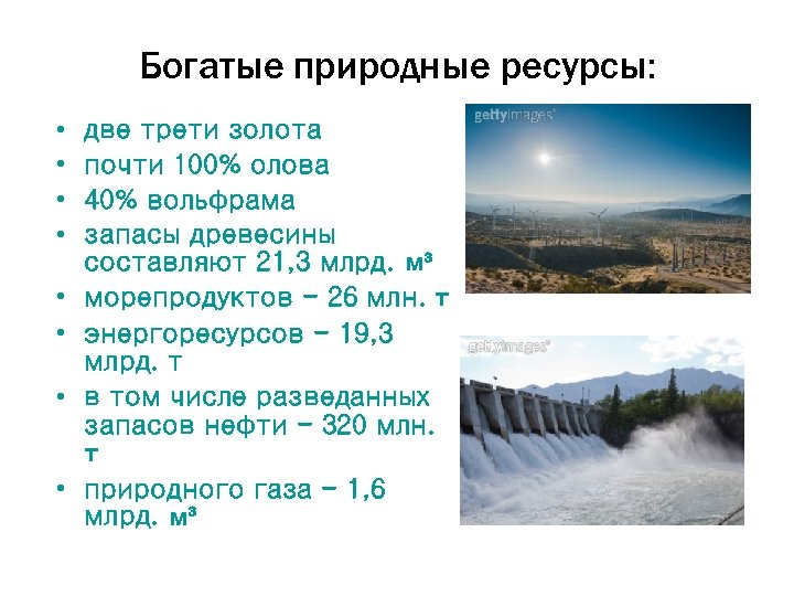 Богатые природные ресурсы: • • две трети золота почти 100% олова 40% вольфрама запасы
