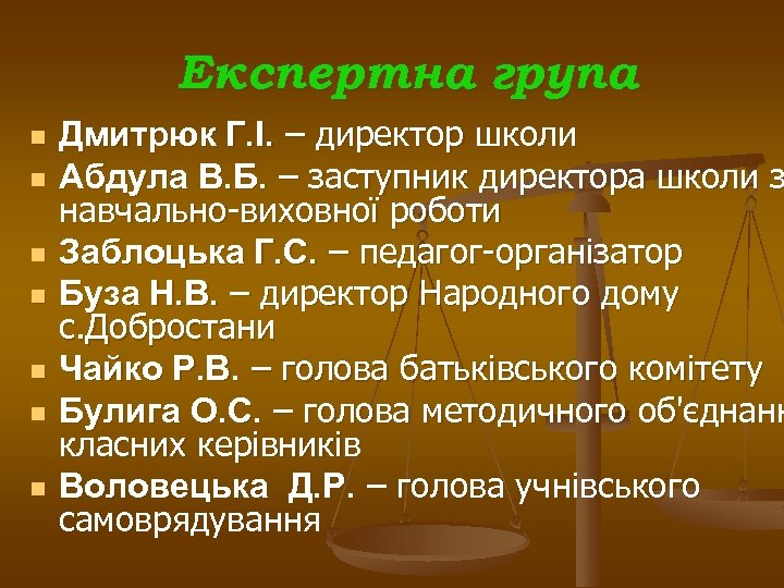 Експертна група n n n n Дмитрюк Г. І. – директор школи Абдула В.