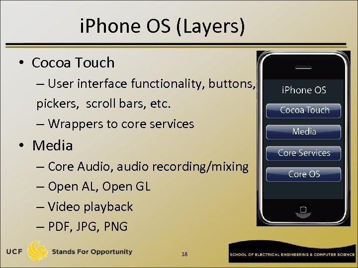 i. Phone OS (Layers) • Cocoa Touch – User interface functionality, buttons, pickers, scroll