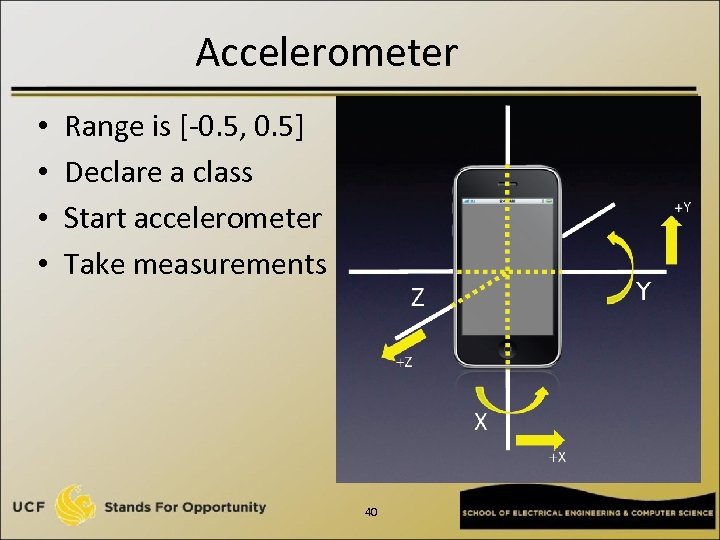 Accelerometer • • Range is [-0. 5, 0. 5] Declare a class Start accelerometer