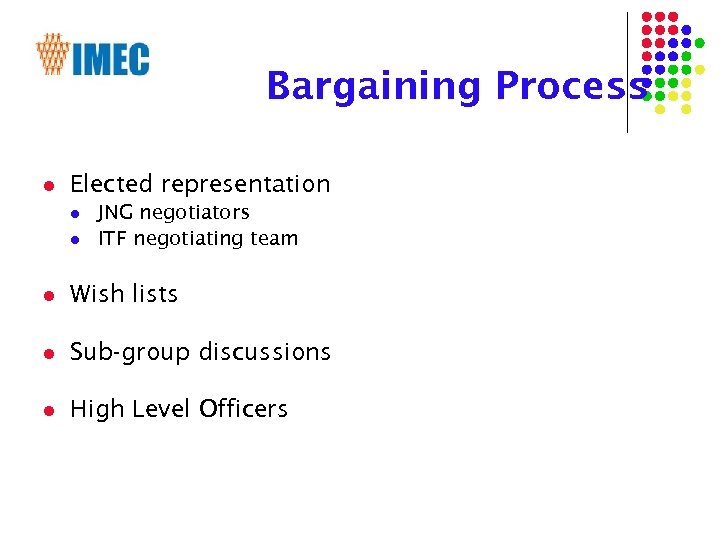 Bargaining Process l Elected representation l l JNG negotiators ITF negotiating team l Wish