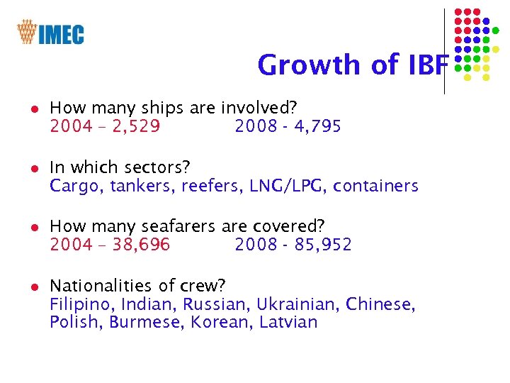 Growth of IBF l How many ships are involved? 2004 – 2, 529 2008