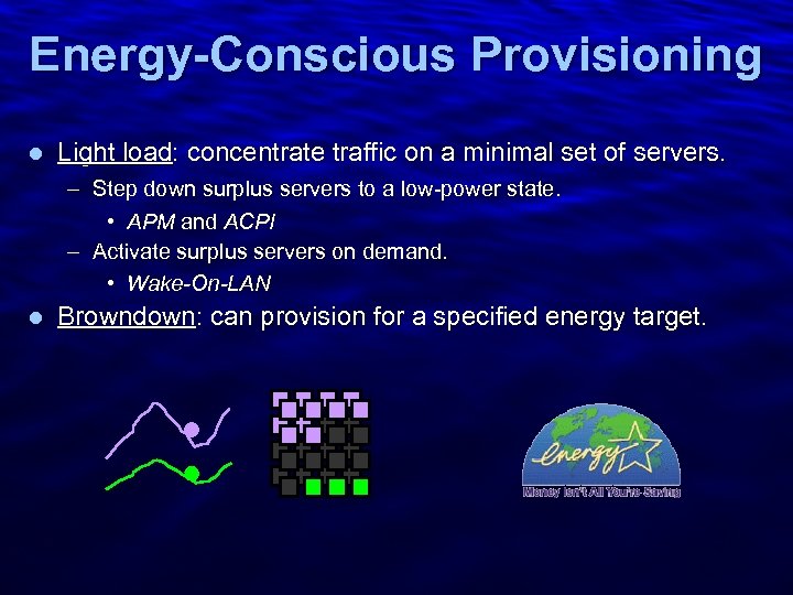 Slide 12 Energy-Conscious Provisioning l Light load: concentrate traffic on a minimal set of