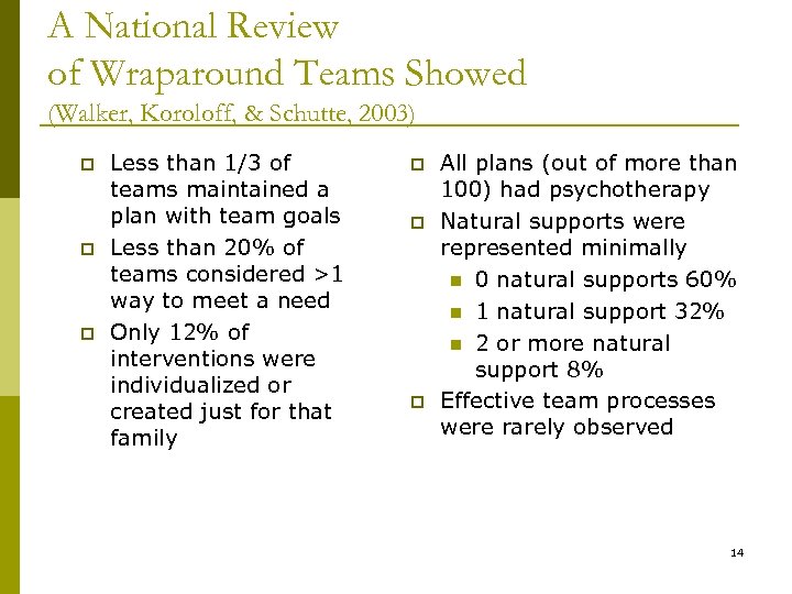 A National Review of Wraparound Teams Showed (Walker, Koroloff, & Schutte, 2003) p p