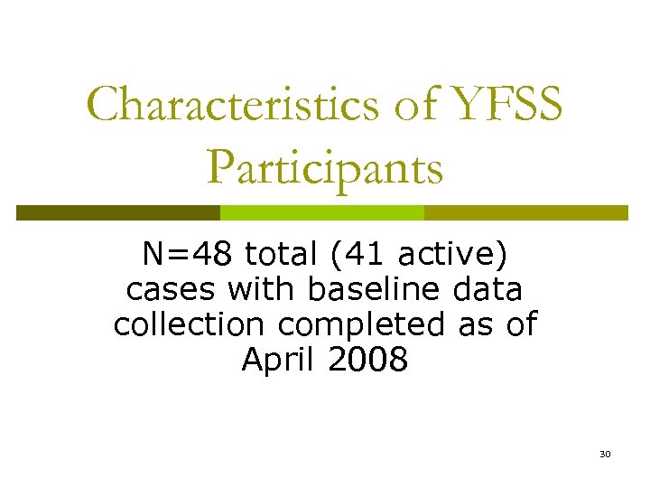 Characteristics of YFSS Participants N=48 total (41 active) cases with baseline data collection completed
