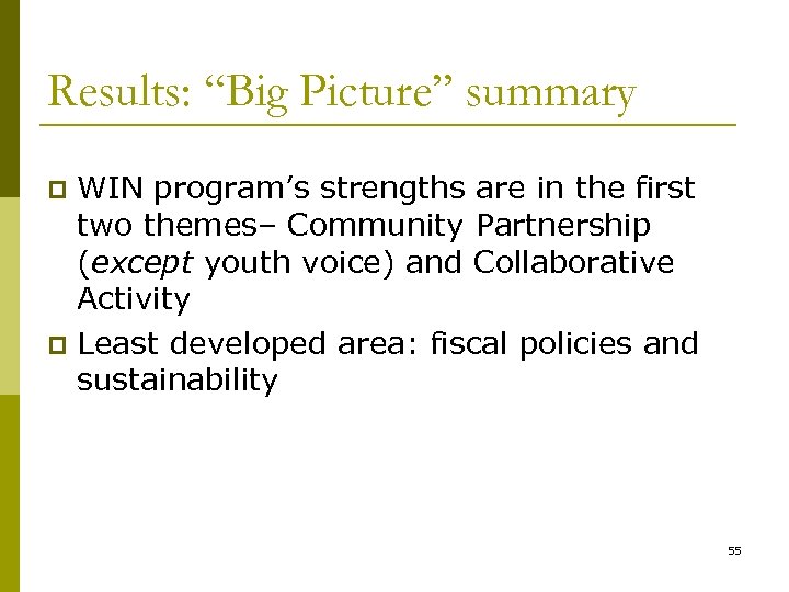 Results: “Big Picture” summary WIN program’s strengths are in the first two themes– Community