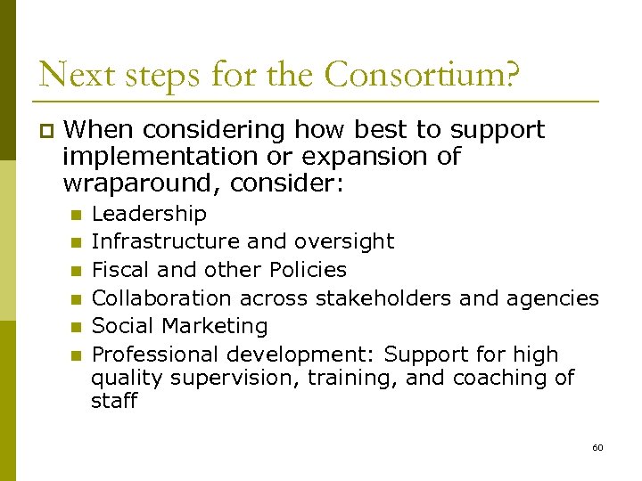 Next steps for the Consortium? p When considering how best to support implementation or