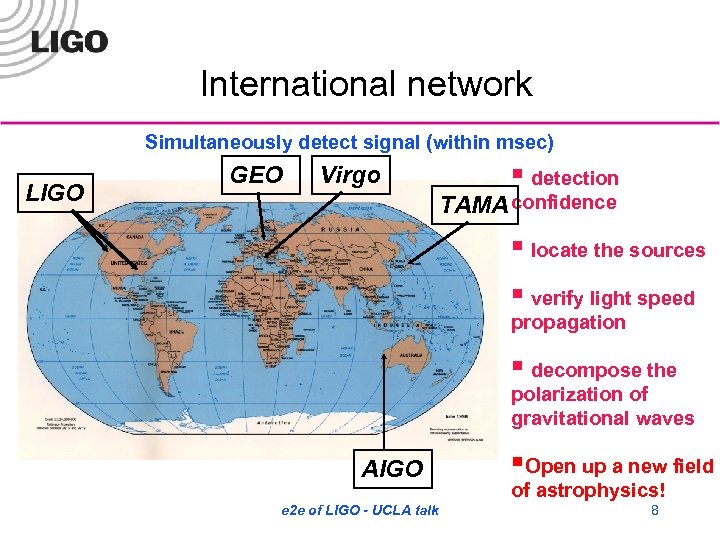 International network Simultaneously detect signal (within msec) LIGO GEO Virgo § detection TAMA confidence