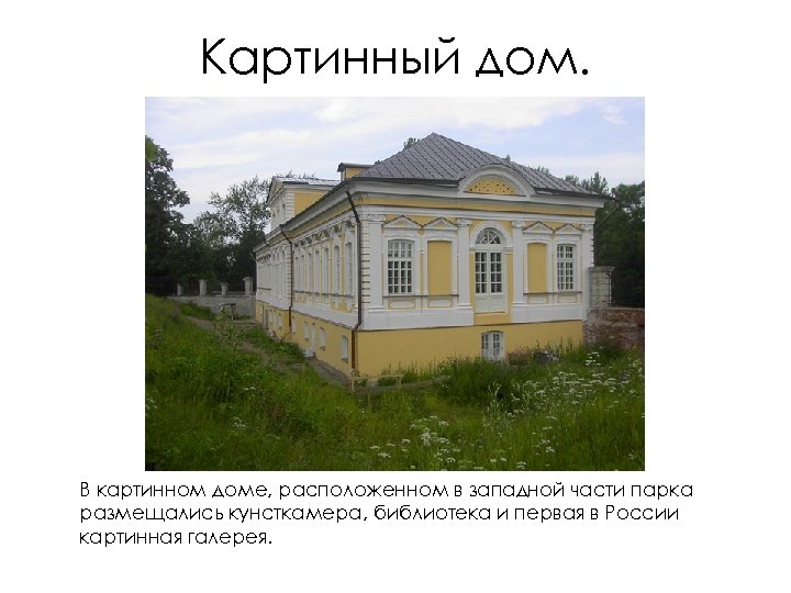 Картинный дом. В картинном доме, расположенном в западной части парка размещались кунсткамера, библиотека и
