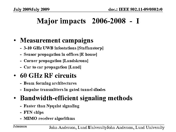 July 2009 doc. : IEEE 802. 11 -09/0802 r 0 Major impacts 2006 -2008