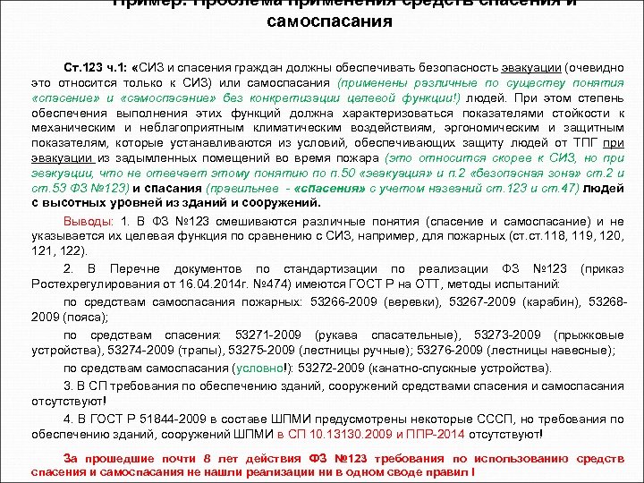 Пример: Проблема применения средств спасения и самоспасания Ст. 123 ч. 1: «СИЗ и спасения