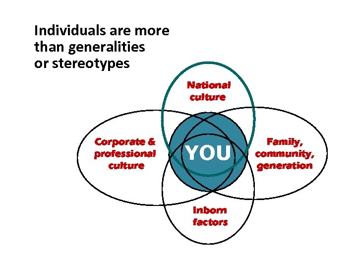 Individuals are more than generalities or stereotypes National culture Corporate & professional culture YOU