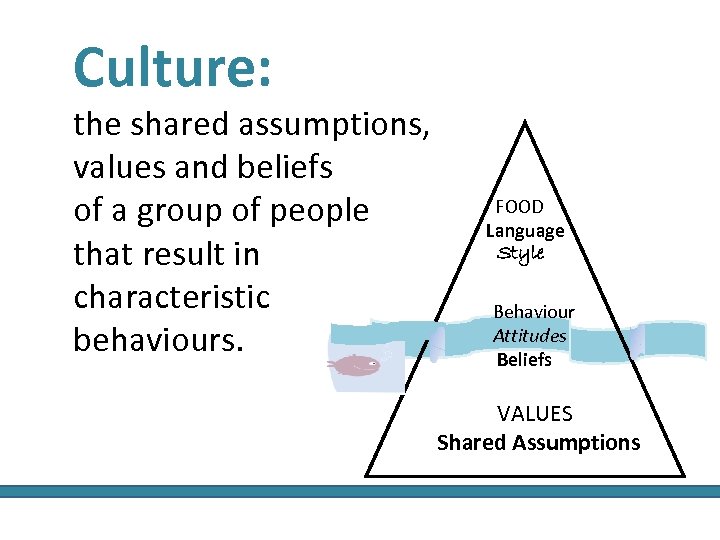 Culture: the shared assumptions, values and beliefs of a group of people that result