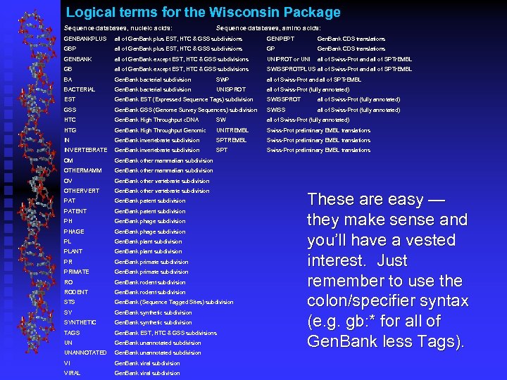 Logical terms for the Wisconsin Package Sequence databases, nucleic acids: Sequence databases, amino acids: