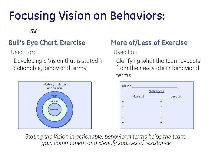 Focusing Vision on Behaviors: SV Bull's Eye Chart Exercise Used For: Developing a Vision