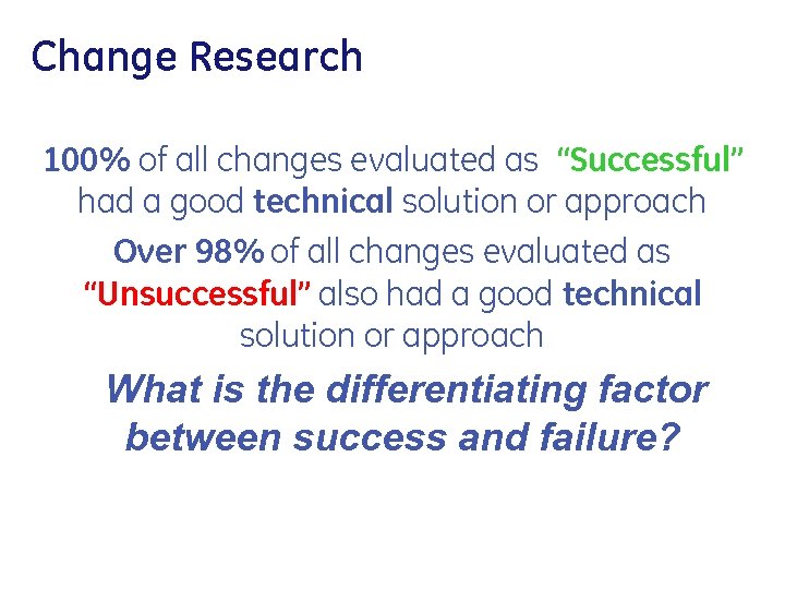 Change Research 100% of all changes evaluated as “Successful” had a good technical solution