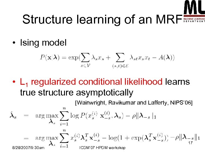 Structure learning of an MRF • Ising model • L 1 regularized conditional likelihood