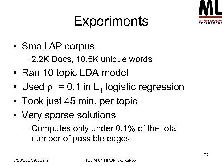 Experiments • Small AP corpus – 2. 2 K Docs, 10. 5 K unique