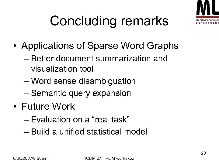 Concluding remarks • Applications of Sparse Word Graphs – Better document summarization and visualization