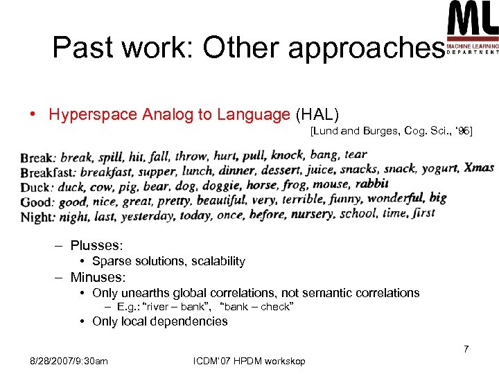 Past work: Other approaches • Hyperspace Analog to Language (HAL) [Lund and Burges, Cog.