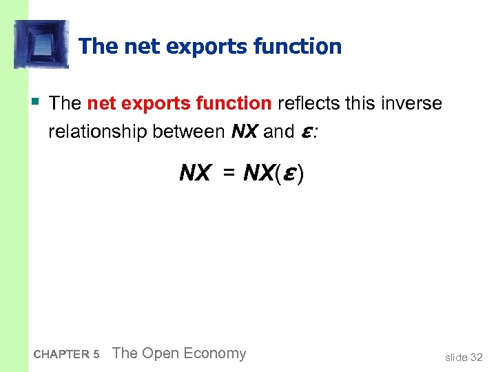 The net exports function § The net exports function reflects this inverse relationship between