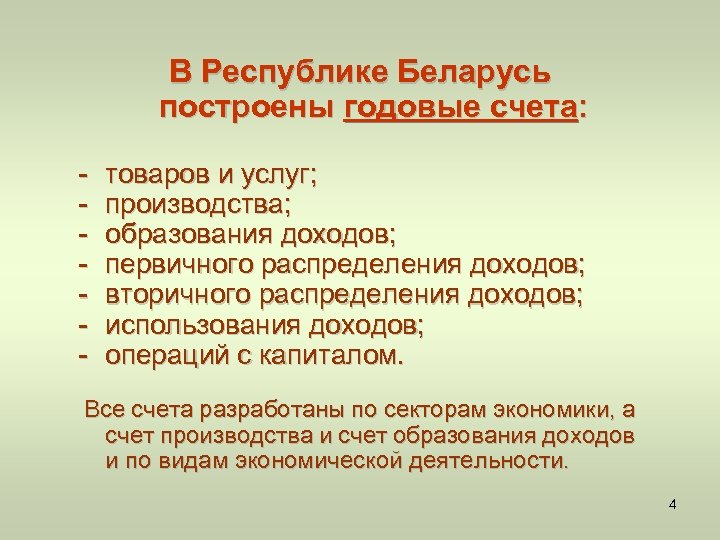 В Республике Беларусь построены годовые счета: - товаров и услуг; производства; образования доходов; первичного