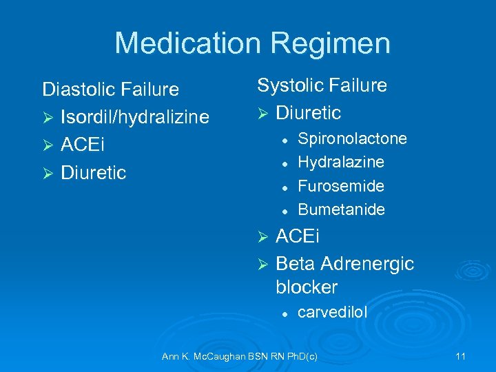 Medication Regimen Diastolic Failure Ø Isordil/hydralizine Ø ACEi Ø Diuretic Systolic Failure Ø Diuretic