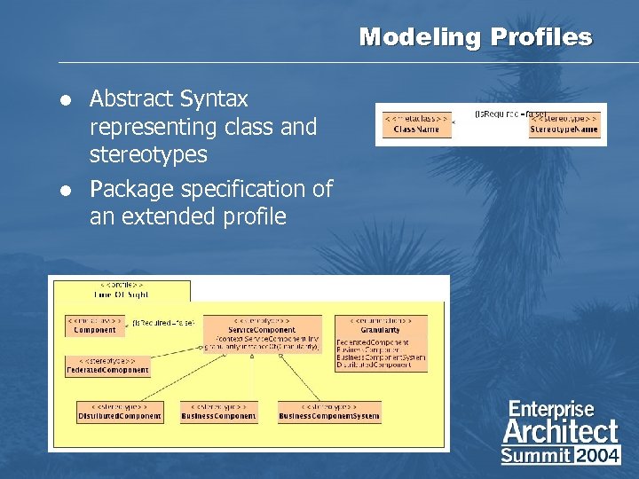 Modeling Profiles l Abstract Syntax representing class and stereotypes l Package specification of an