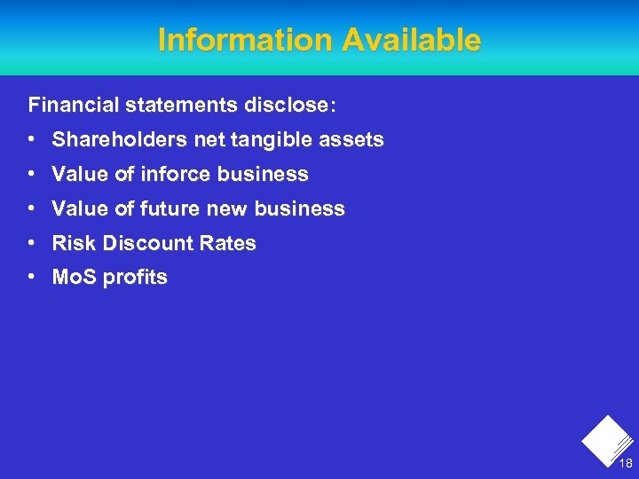 Information Available Financial statements disclose: • Shareholders net tangible assets • Value of inforce