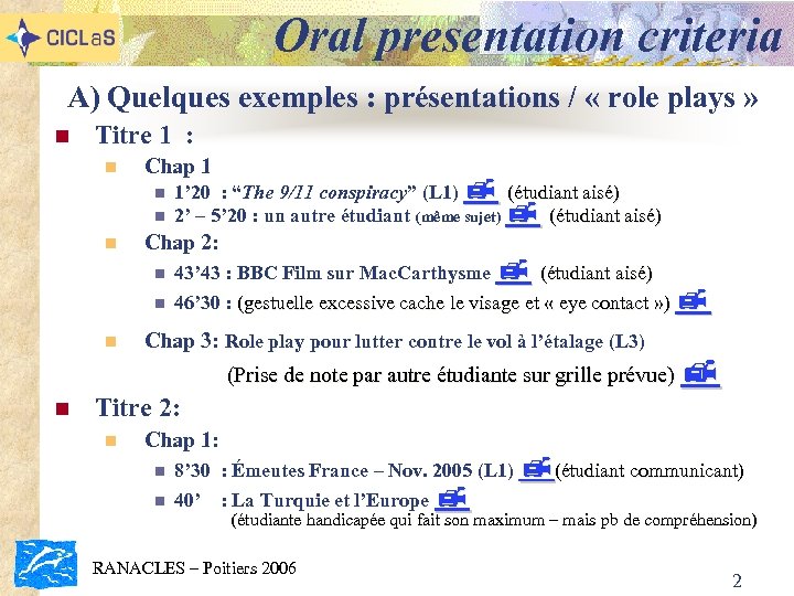 Oral presentation criteria A) Quelques exemples : présentations / « role plays » n