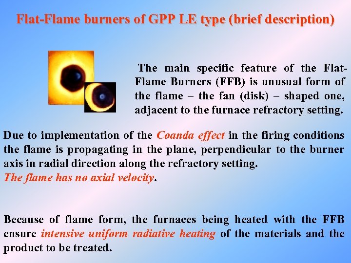 Flat-Flame burners of GPP LE type (brief description) The main specific feature of the