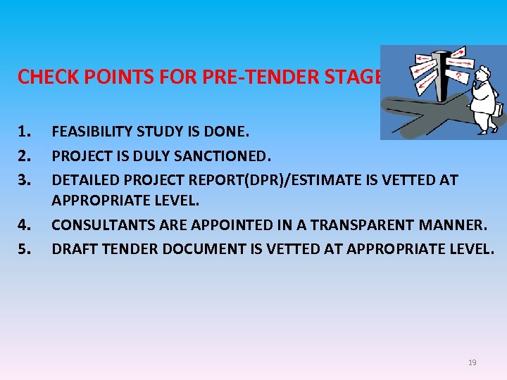 CHECK POINTS FOR PRE-TENDER STAGE 1. 2. 3. 4. 5. FEASIBILITY STUDY IS DONE.