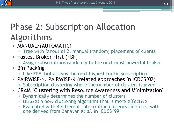 Ph. D Thesis Presentation, Alex Cheung © 2011 Phase 2: Subscription Allocation Algorithms •