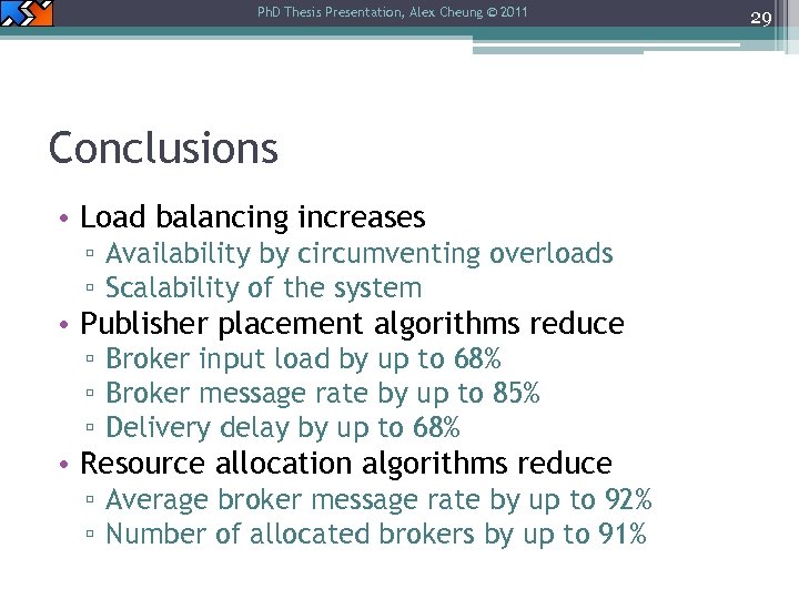 Ph. D Thesis Presentation, Alex Cheung © 2011 Conclusions • Load balancing increases ▫