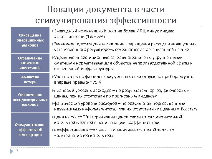 Новации документа в части стимулирования эффективности Сокращение операционных расходов Ограничение стоимости инвестиций Амнистия потерь