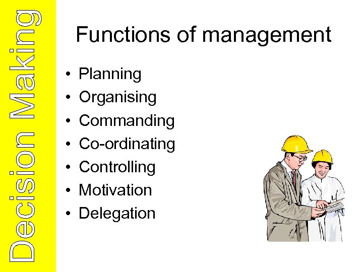 Functions of management • • Planning Organising Commanding Co-ordinating Controlling Motivation Delegation 