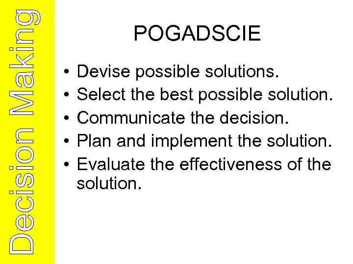 POGADSCIE • • • Devise possible solutions. Select the best possible solution. Communicate the