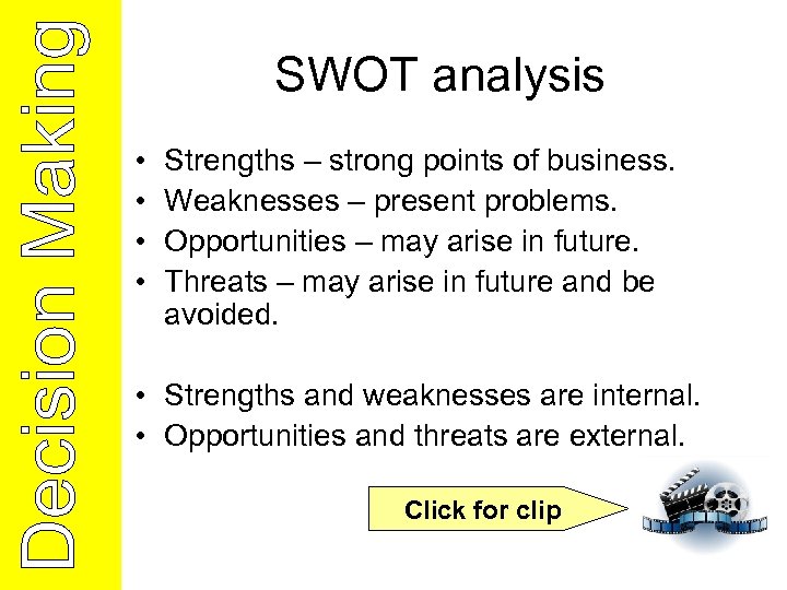 SWOT analysis • • Strengths – strong points of business. Weaknesses – present problems.