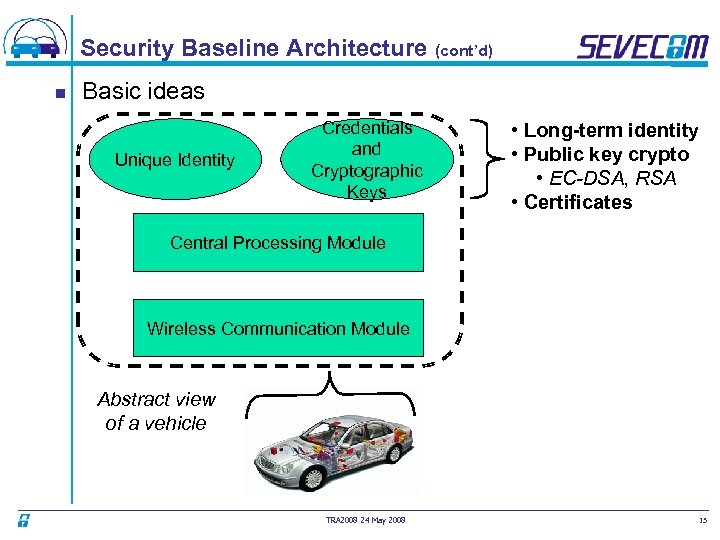 Security Baseline Architecture (cont’d) n Basic ideas Unique Identity Credentials and Cryptographic Keys •