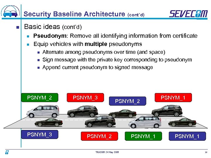 Security Baseline Architecture (cont’d) n Basic ideas (cont’d) n n Pseudonym: Remove all identifying