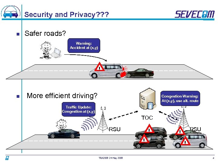 Security and Privacy? ? ? n Safer roads? Warning: Accident at (x, y) !